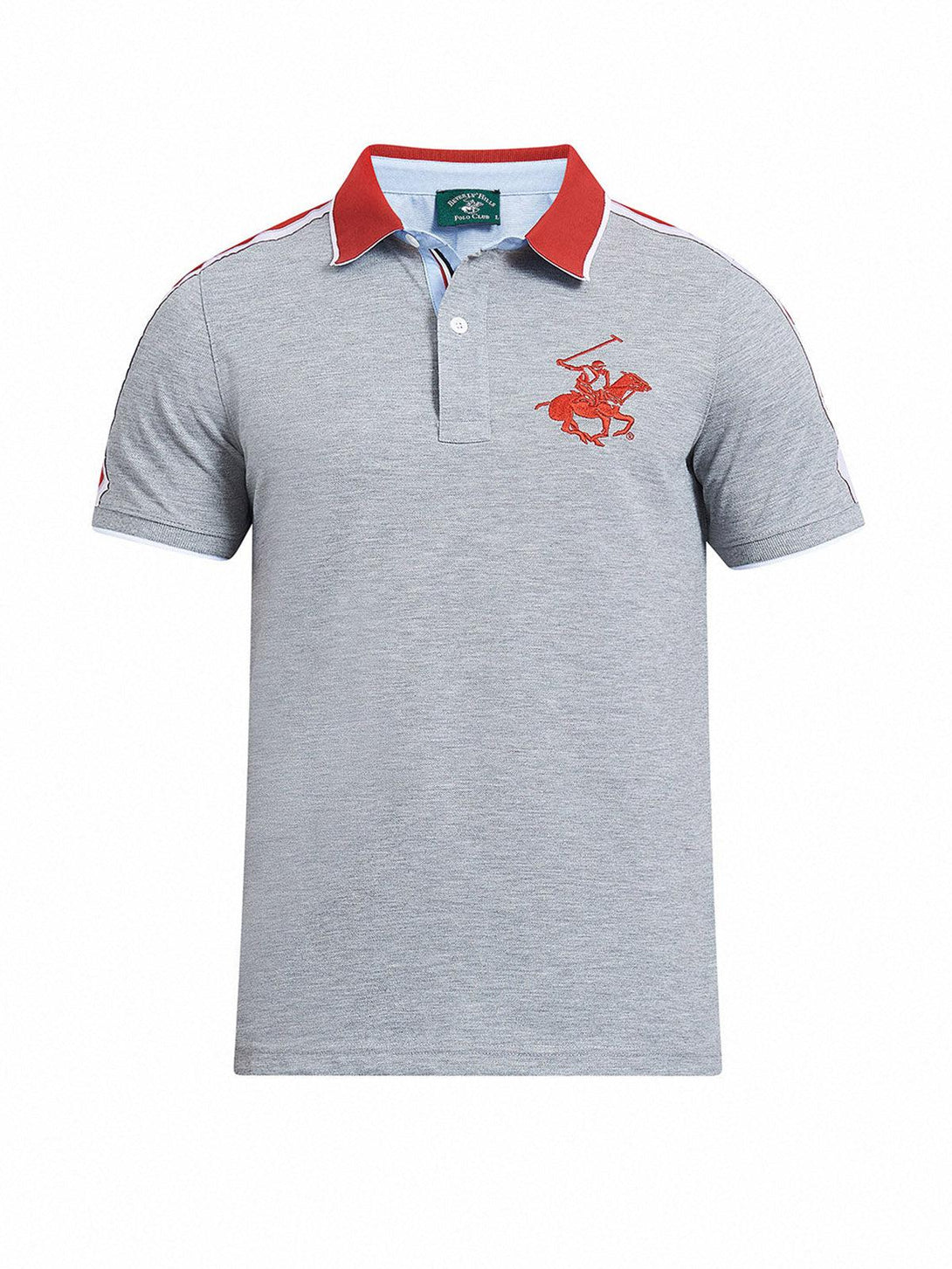 Beverly Hills Polo Club UK-CONTRAST COLLAR BHPC SHOULDER STRIPE POLO SHIRT HEATHER GREY