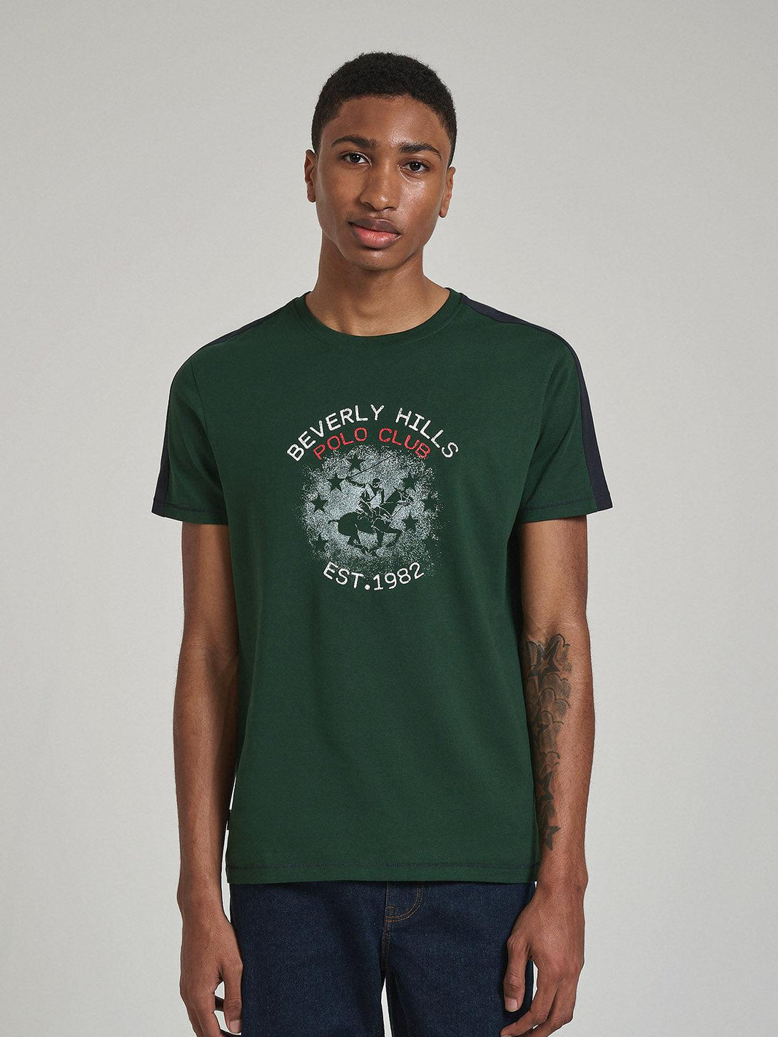 Beverly Hills Polo Club UK-CONTRAST DETAIL BLOCK PRINT T-SHIRT ARMY GREEN