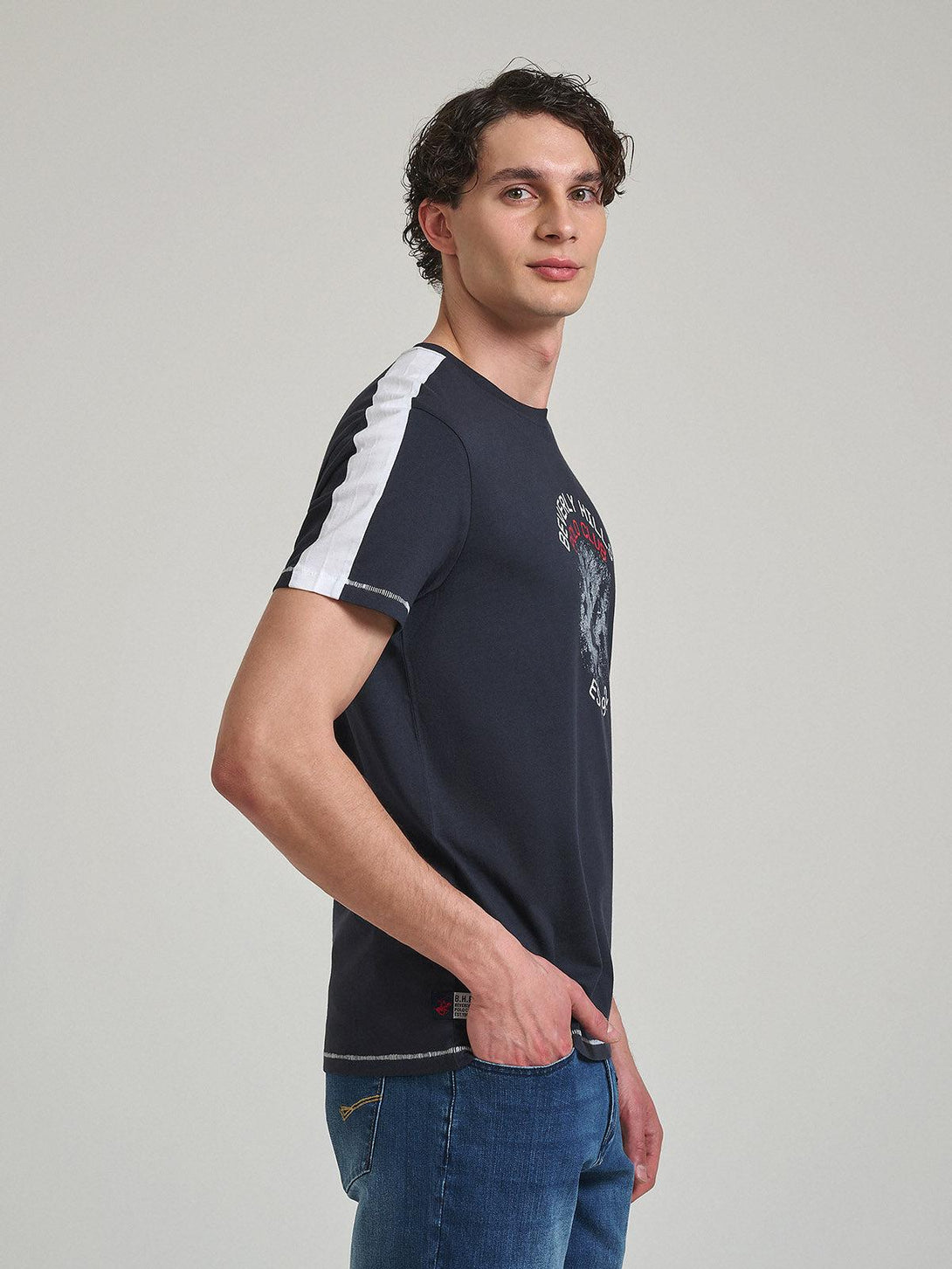 Beverly Hills Polo Club UK-CONTRAST DETAIL BLOCK PRINT T-SHIRT NAVY