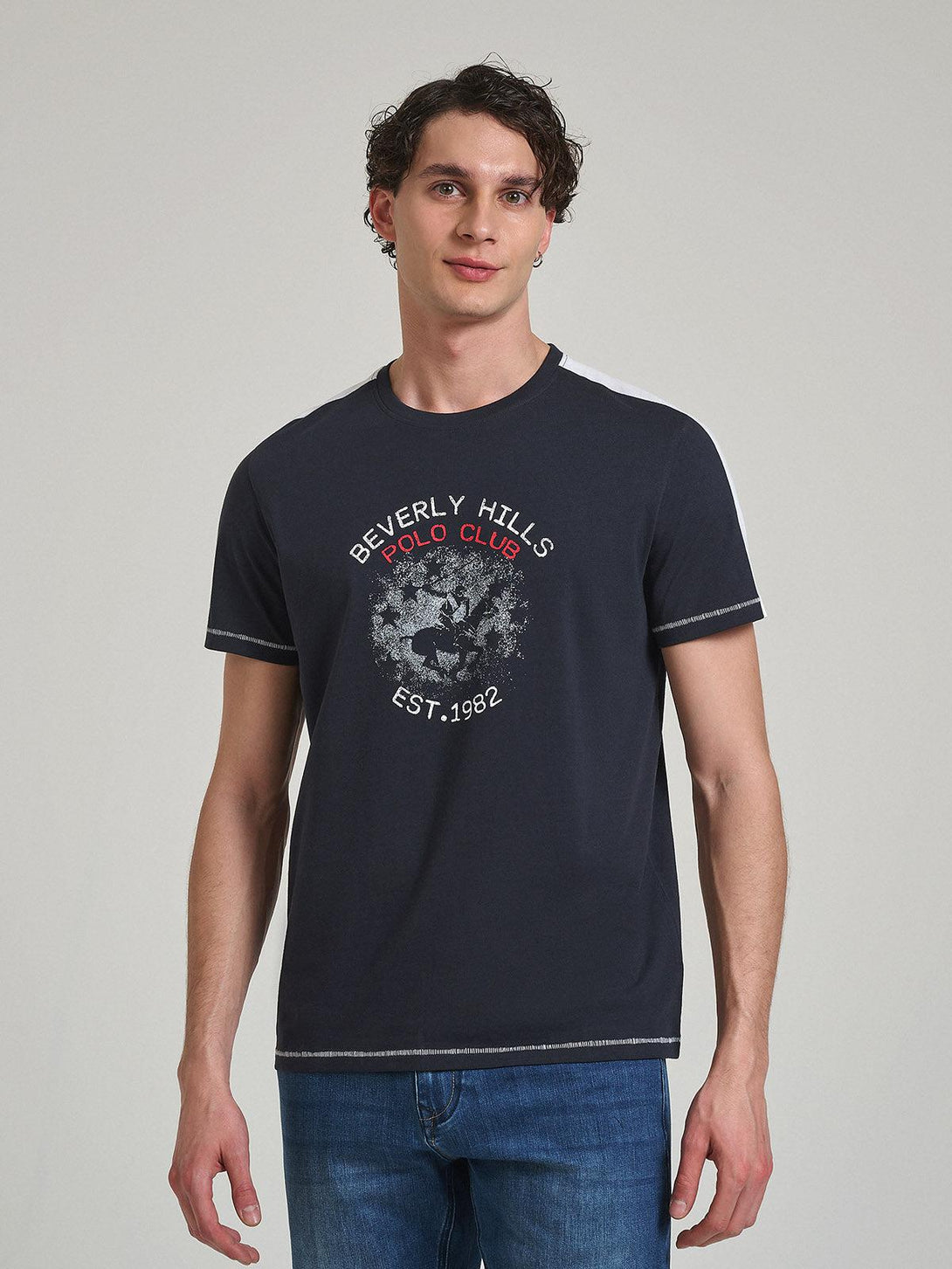 Beverly Hills Polo Club UK-CONTRAST DETAIL BLOCK PRINT T-SHIRT NAVY