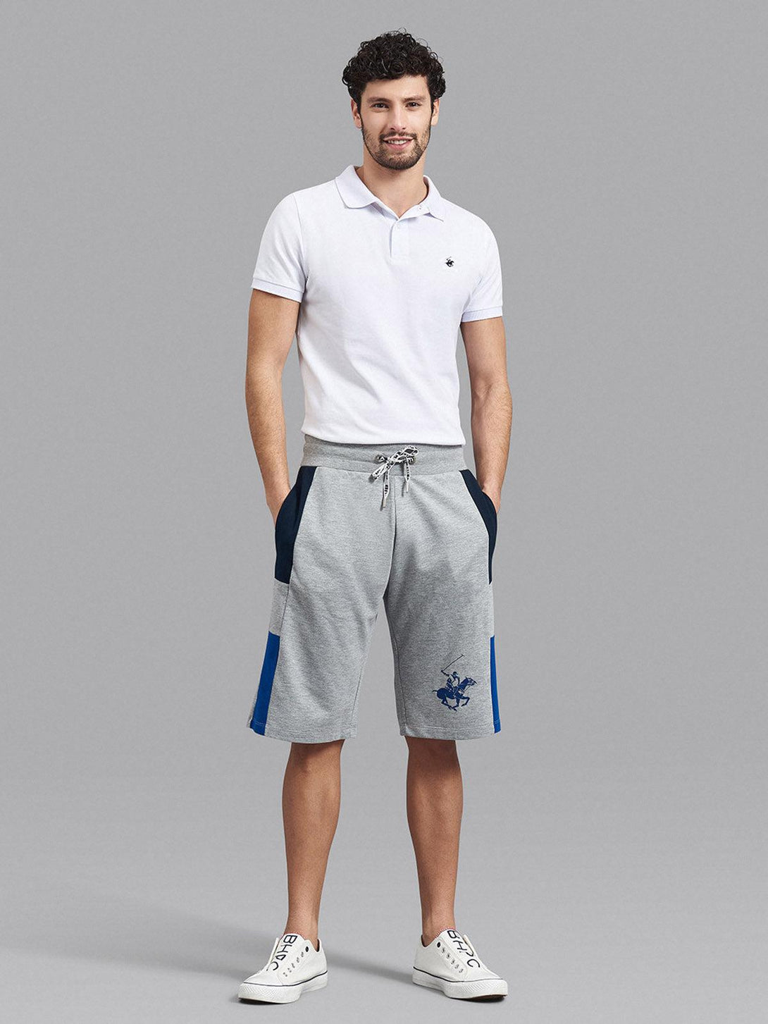 Beverly Hills Polo Club UK-CONTRAST FLAG STRIPE POLO PONY FLEECE SHORTS GREY MELANGE