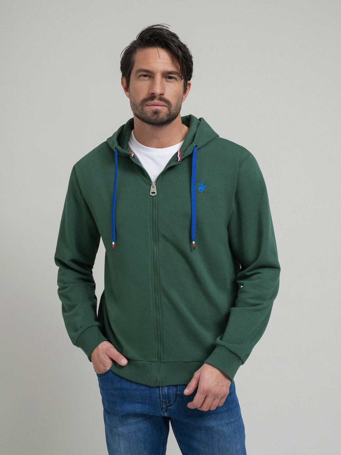 Beverly Hills Polo Club UK-CONTRAST POLO PONY ZIP HOODIE WOOD GREEN