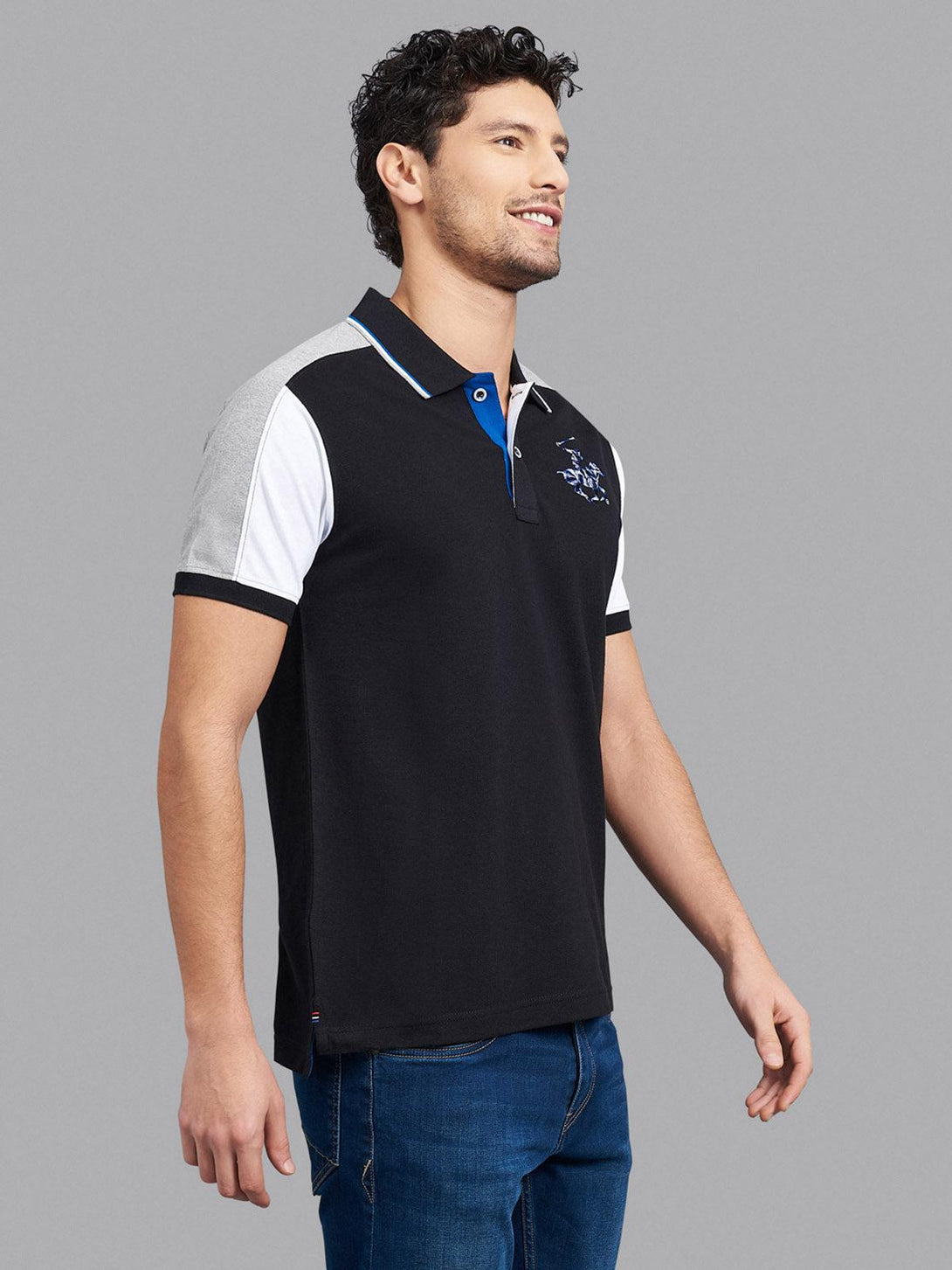 Beverly Hills Polo Club UK-CONTRAST SLEEVE MULTI COLOUR LARGE PONY POLO SHIRT BLACK