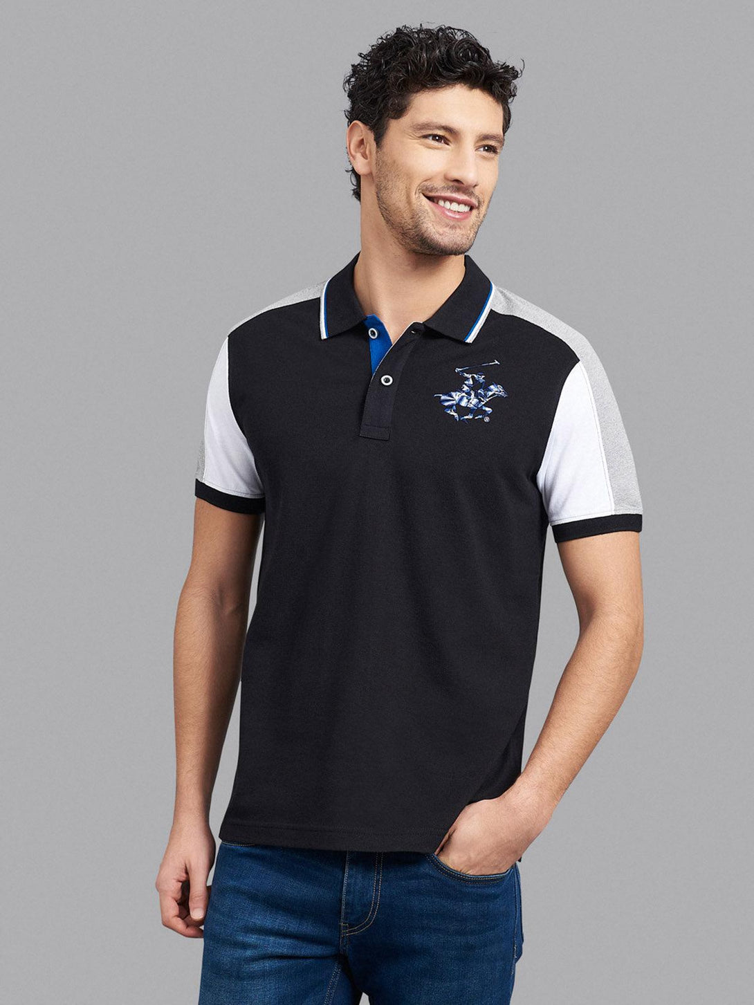 Beverly Hills Polo Club UK-CONTRAST SLEEVE MULTI COLOUR LARGE PONY POLO SHIRT BLACK