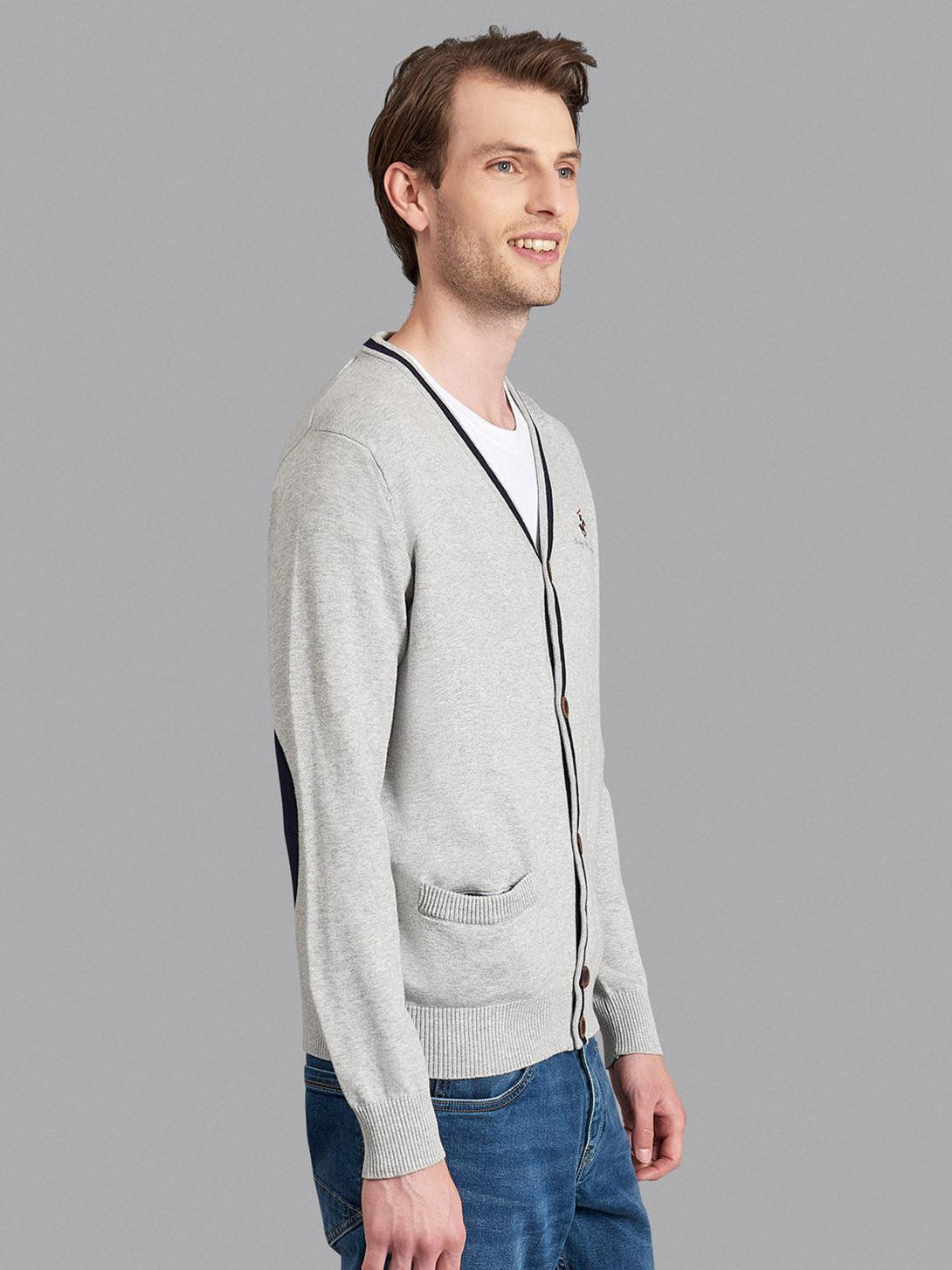 Beverly Hills Polo Club UK-CONTRAST STRIPE COTTON KNIT CARDIGAN HEATHER GREY