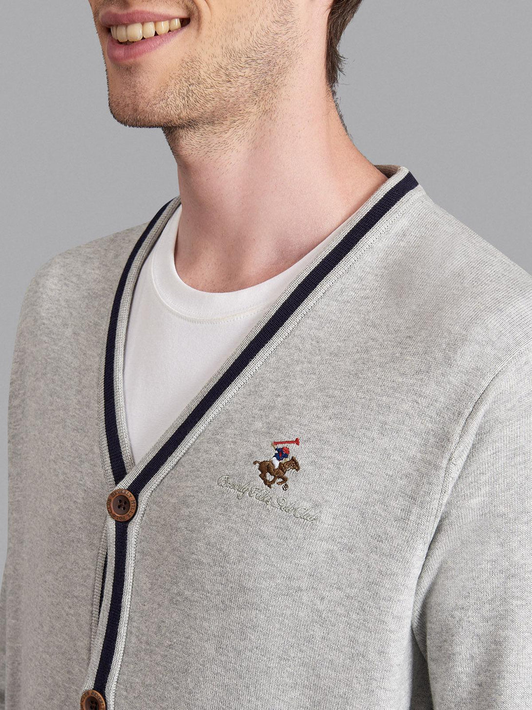 Beverly Hills Polo Club UK-CONTRAST STRIPE COTTON KNIT CARDIGAN HEATHER GREY