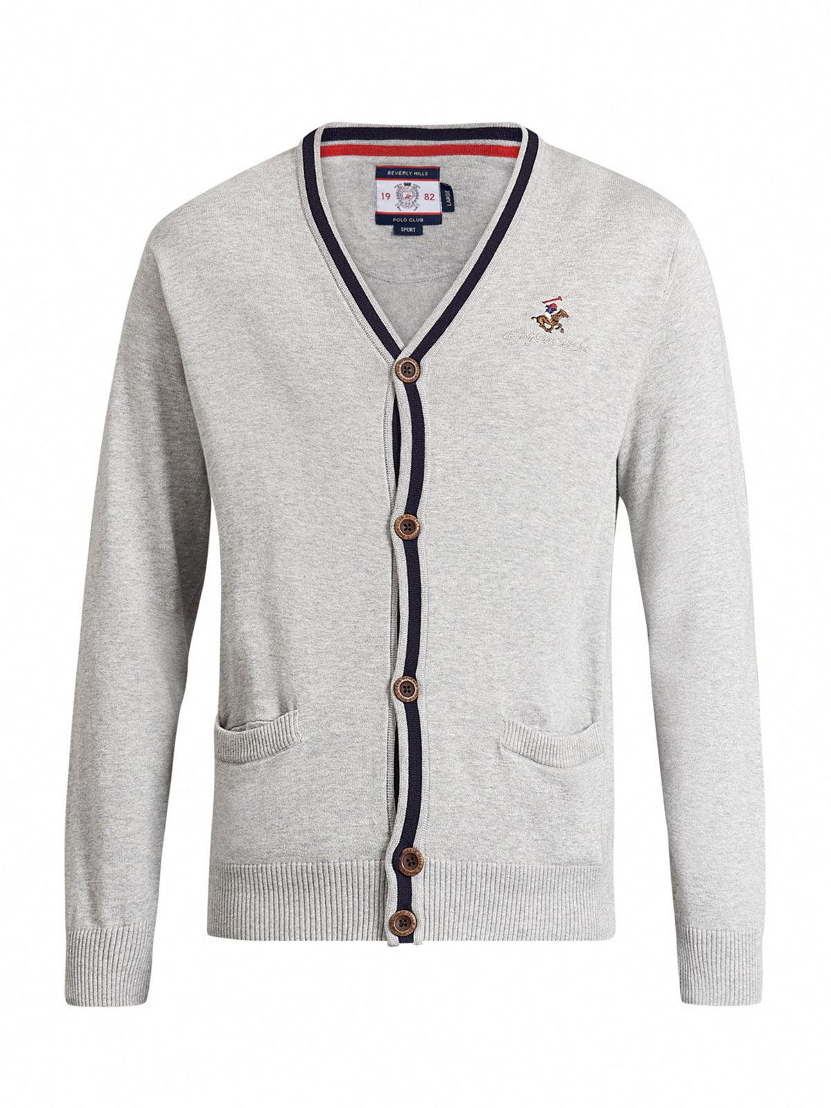 CONTRAST STRIPE COTTON KNIT CARDIGAN HEATHER GREY BEVERLY HILLS POLO CLUB