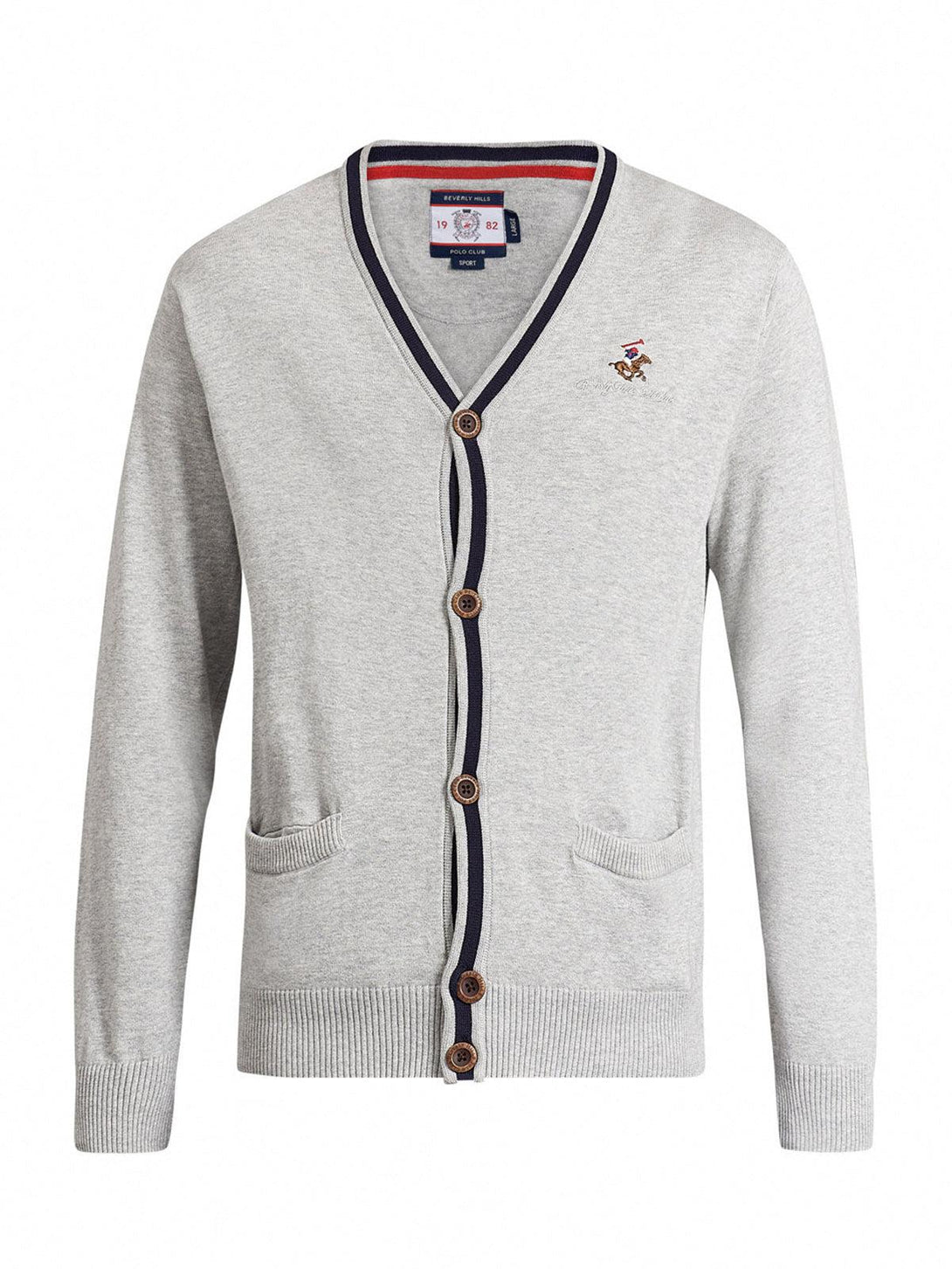 Beverly Hills Polo Club UK-CONTRAST STRIPE COTTON KNIT CARDIGAN HEATHER GREY