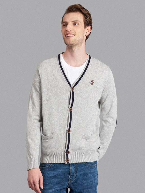 Beverly Hills Polo Club UK-CONTRAST STRIPE COTTON KNIT CARDIGAN HEATHER GREY