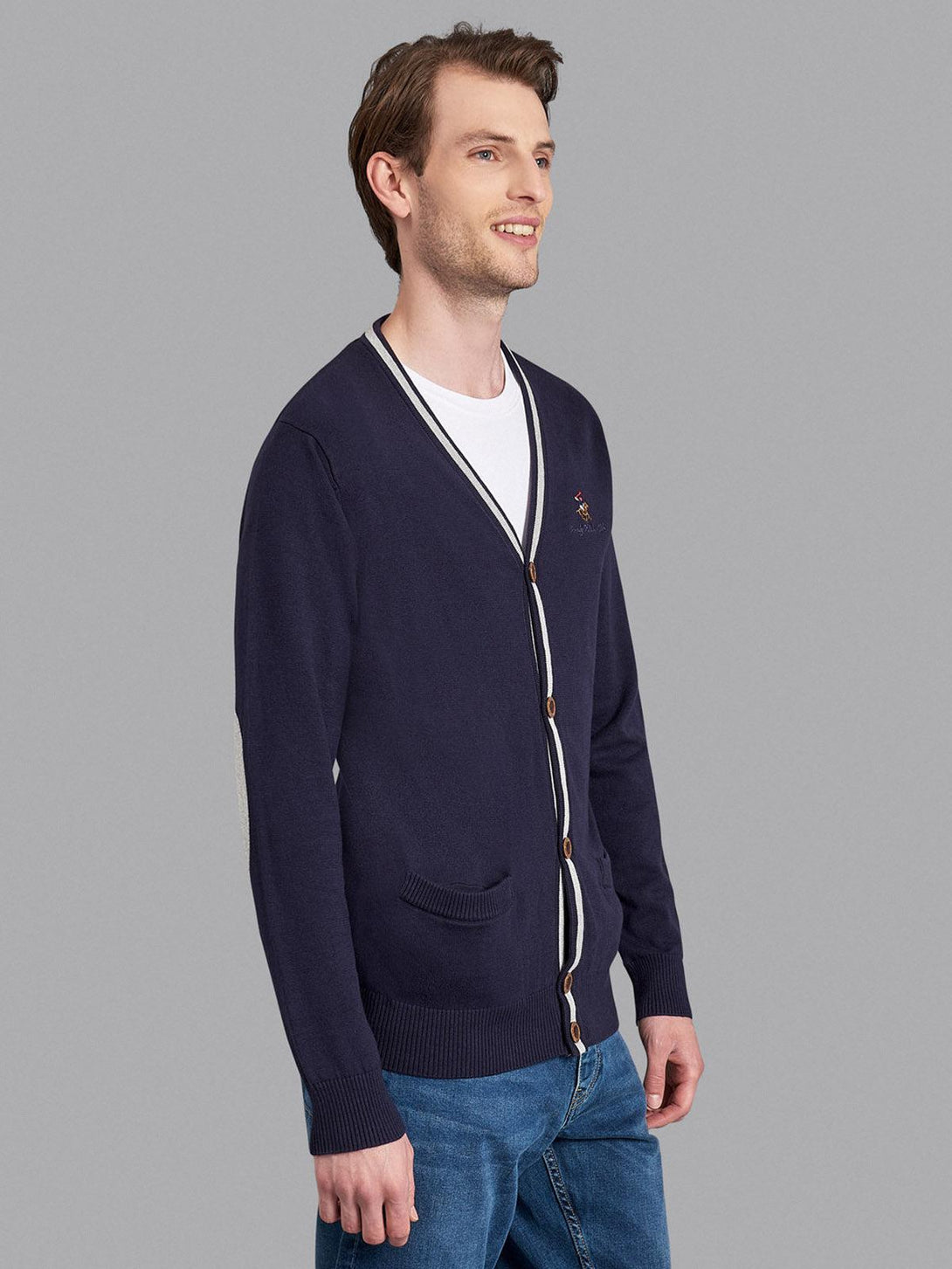 Beverly Hills Polo Club UK-CONTRAST STRIPE COTTON KNIT CARDIGAN TRUE NAVY