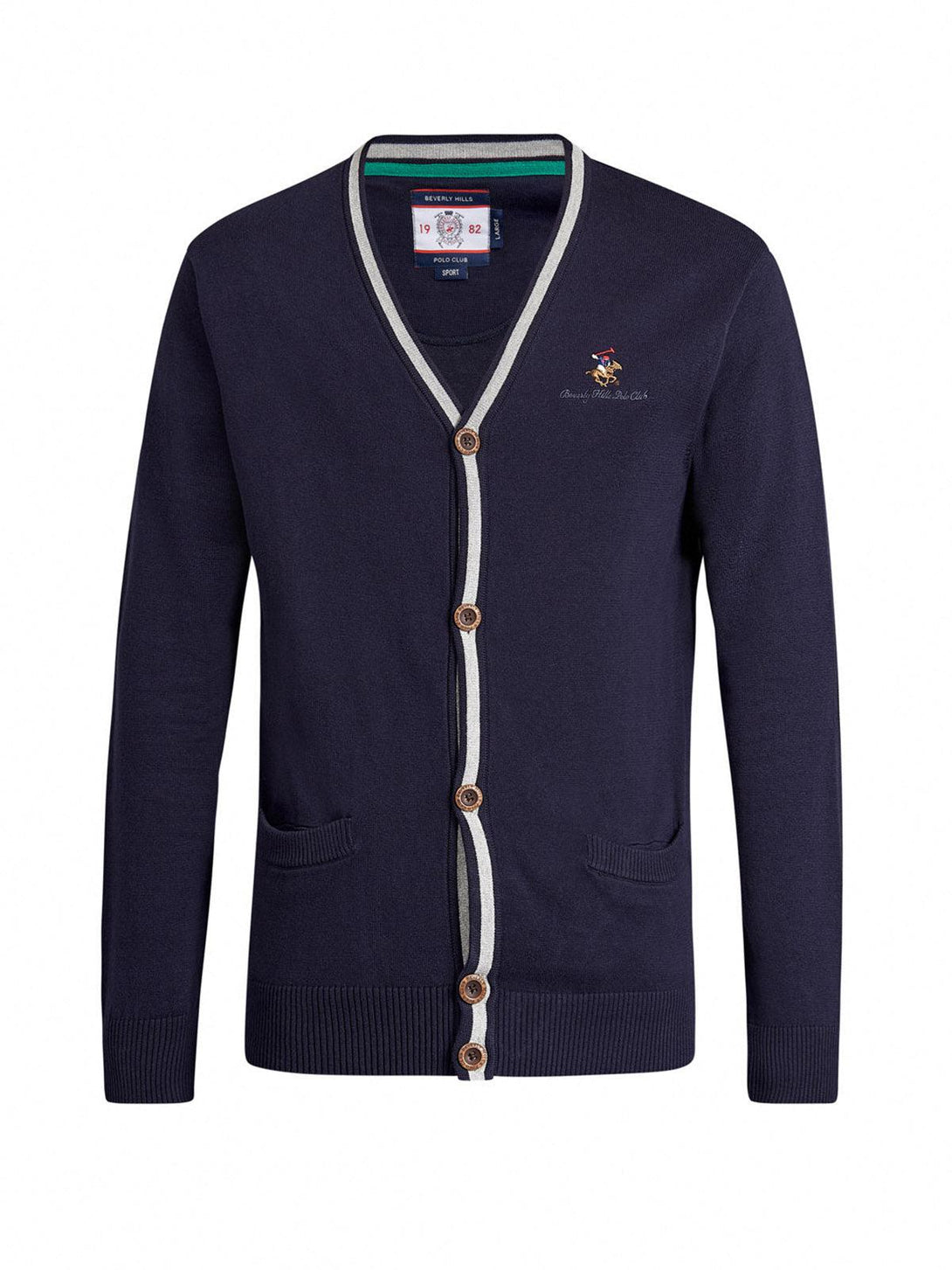 Beverly Hills Polo Club UK-CONTRAST STRIPE COTTON KNIT CARDIGAN TRUE NAVY