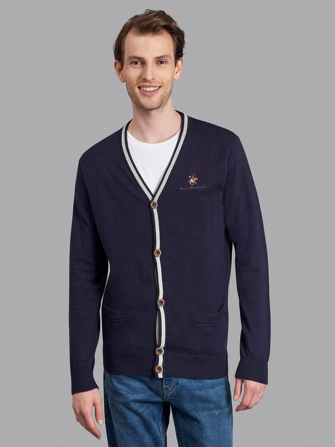 Beverly Hills Polo Club UK-CONTRAST STRIPE COTTON KNIT CARDIGAN TRUE NAVY