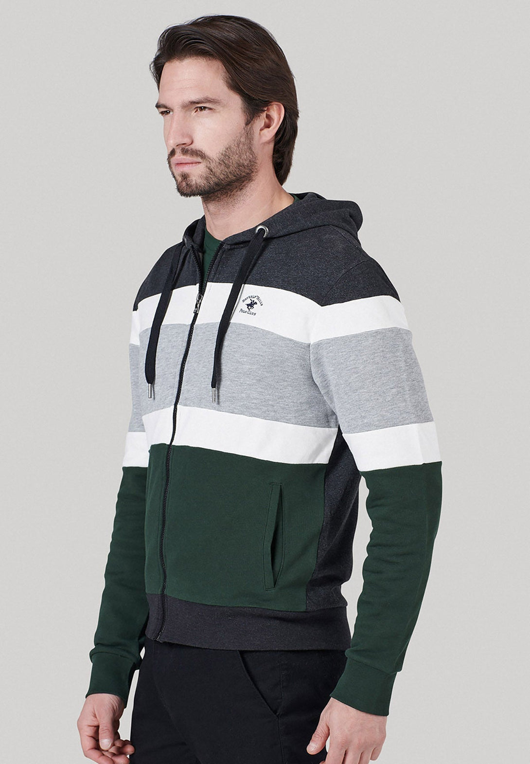 Beverly Hills Polo Club UK-CONTRAST STRIPE PANEL ESSENTIAL LOGO ZIP HOODIE DARK GREY