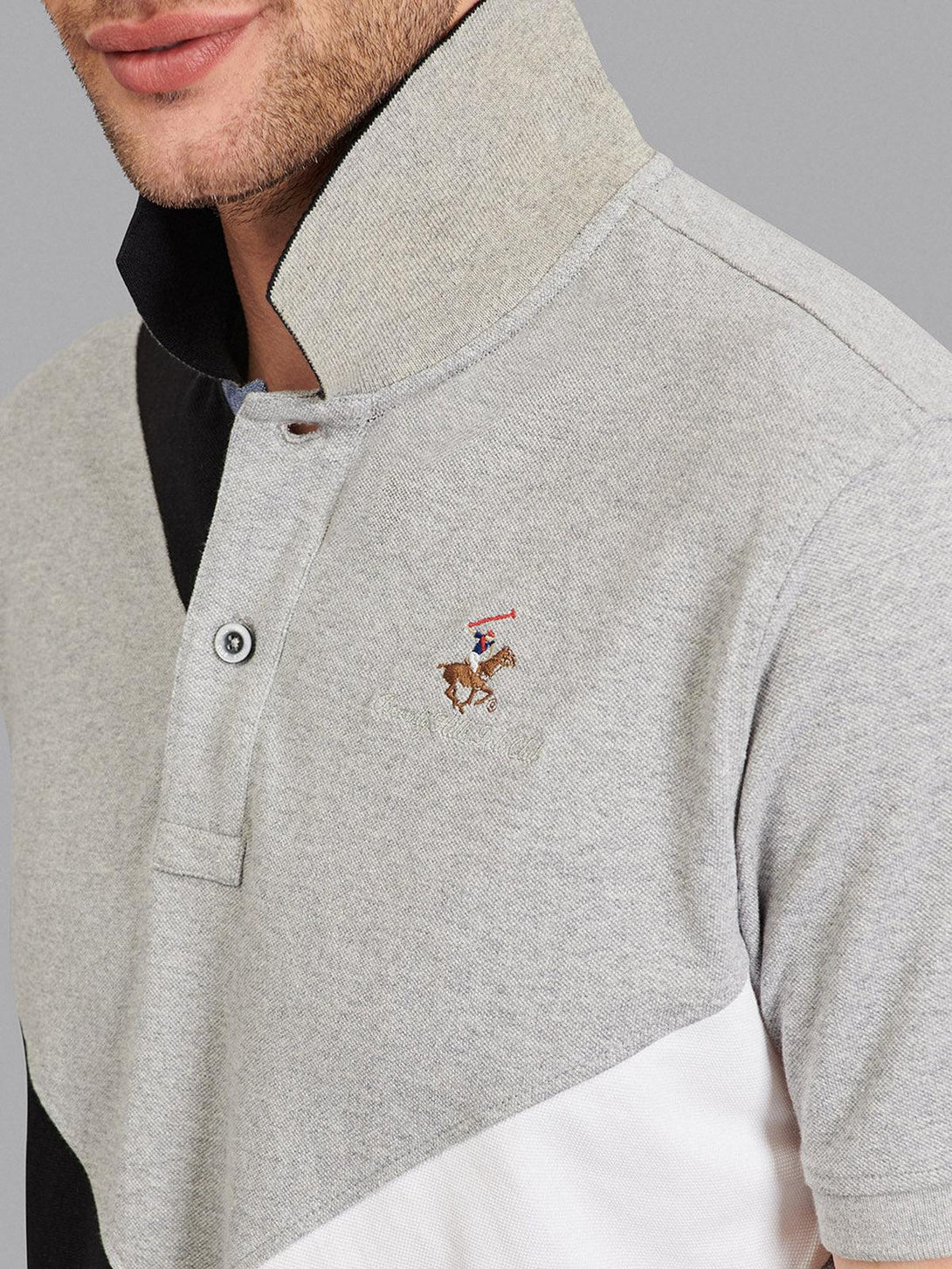 Beverly Hills Polo Club UK-CROSS PANELLED SIGNATURE POLO SHIRT HEATHER GREY