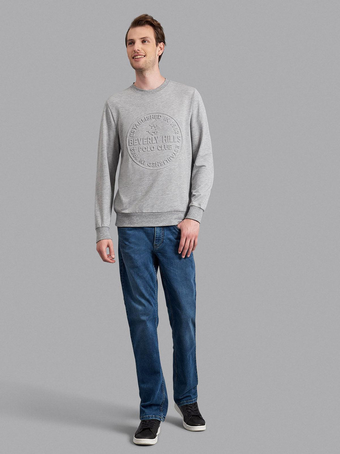 Beverly Hills Polo Club UK-EMBOSSED OVERSIZED POLO PONY SWEATSHIRT HEATHER GREY