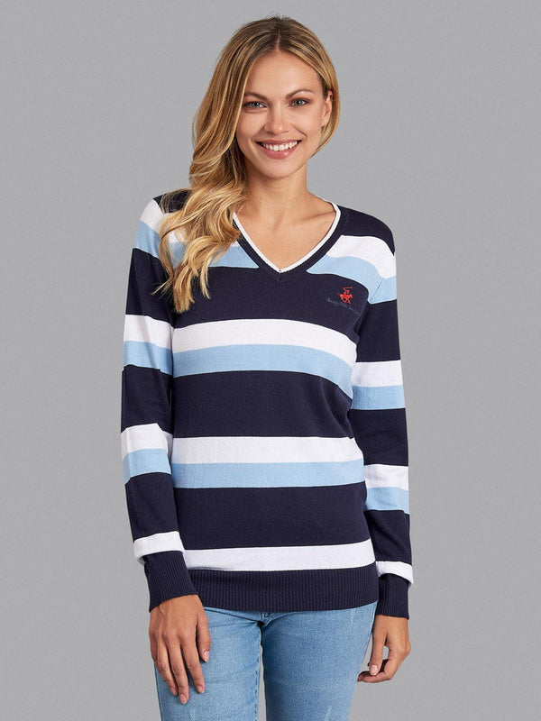 Beverly Hills Polo Club UK-ESSENTIAL STRIPED V-NECK KNIT TRUE NAVY