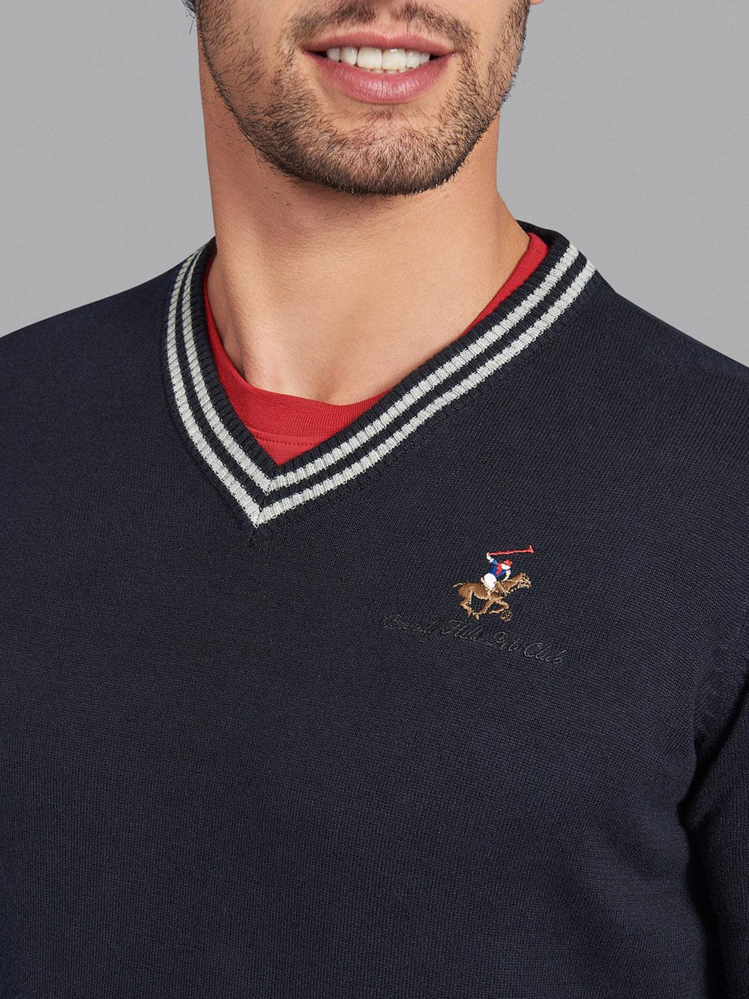 Beverly Hills Polo Club UK-ESSENTIAL TIPPED V-NECK COTTON KNIT SWEAT BLACK