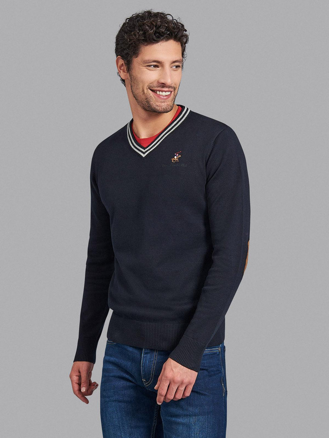 Beverly Hills Polo Club UK-ESSENTIAL TIPPED V-NECK COTTON KNIT SWEAT BLACK