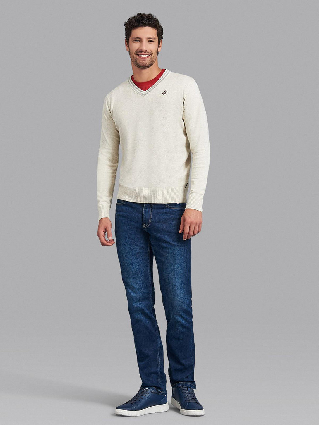 Beverly Hills Polo Club UK-ESSENTIAL TIPPED V-NECK COTTON KNIT SWEAT HEATHER OATMEAL