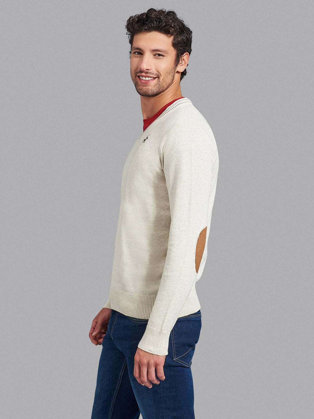 Beverly Hills Polo Club UK-ESSENTIAL TIPPED V-NECK COTTON KNIT SWEAT HEATHER OATMEAL