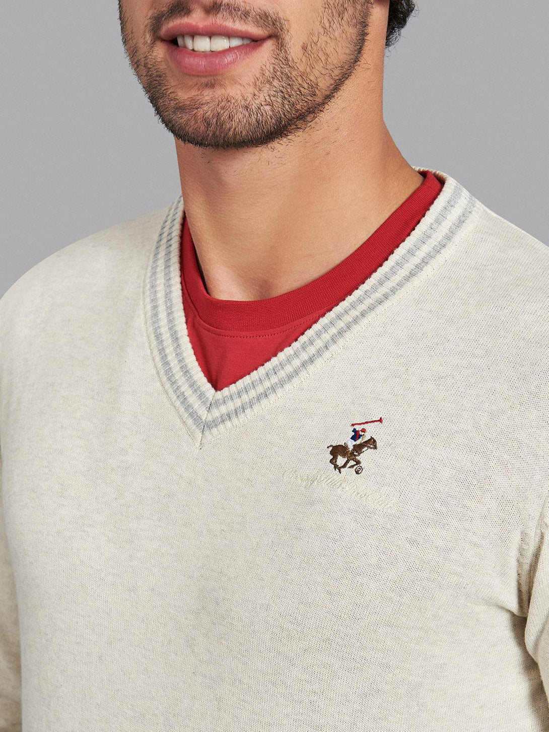 Beverly Hills Polo Club UK-ESSENTIAL TIPPED V-NECK COTTON KNIT SWEAT HEATHER OATMEAL