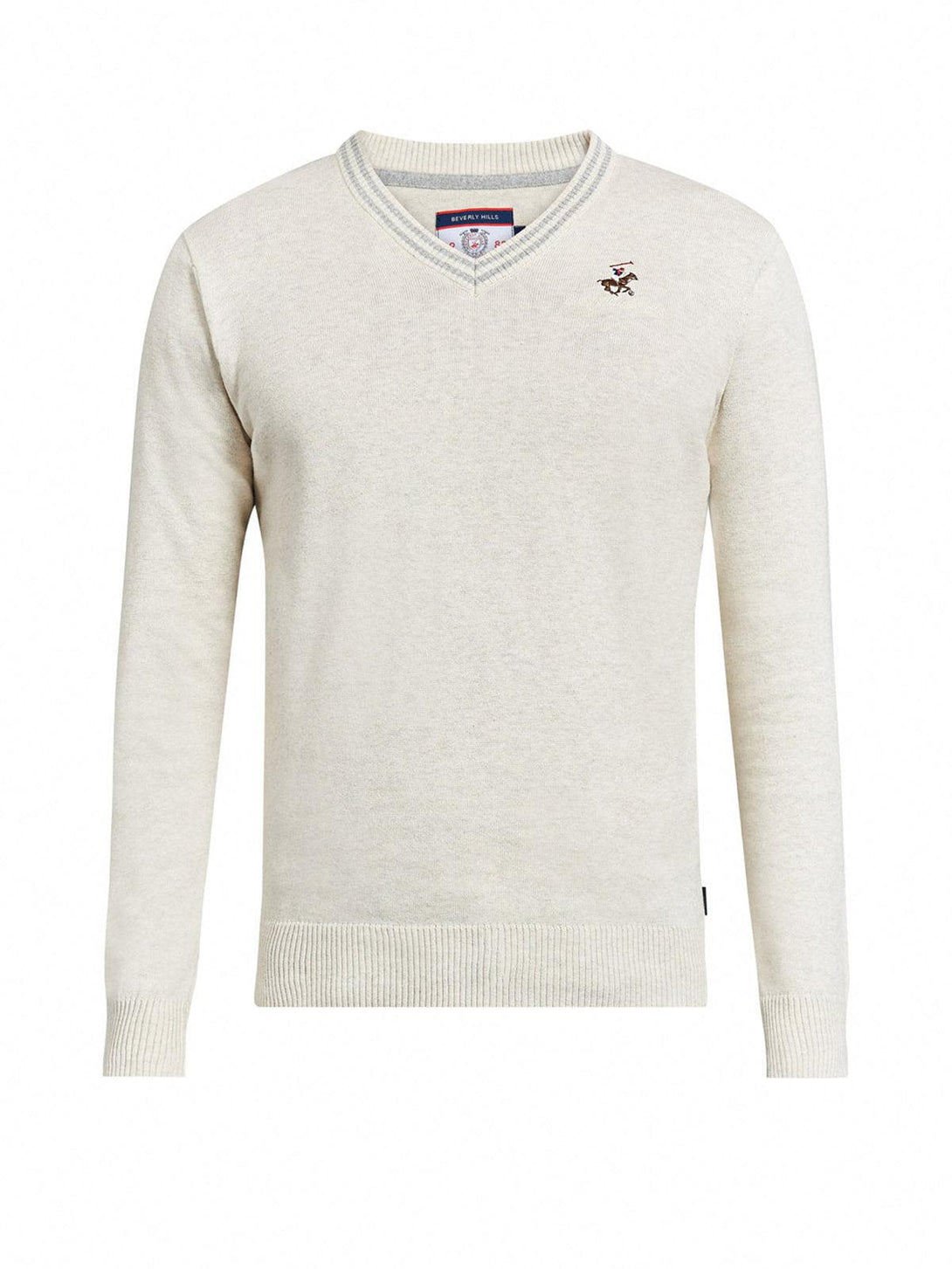 Beverly Hills Polo Club UK-ESSENTIAL TIPPED V-NECK COTTON KNIT SWEAT HEATHER OATMEAL