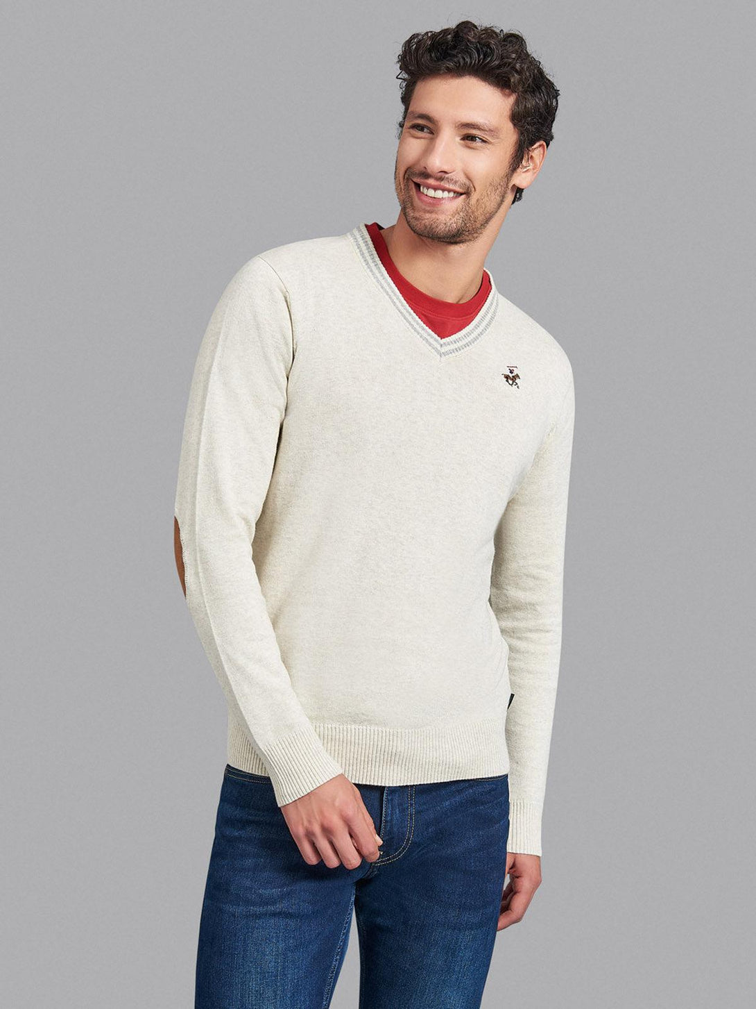 Beverly Hills Polo Club UK-ESSENTIAL TIPPED V-NECK COTTON KNIT SWEAT HEATHER OATMEAL