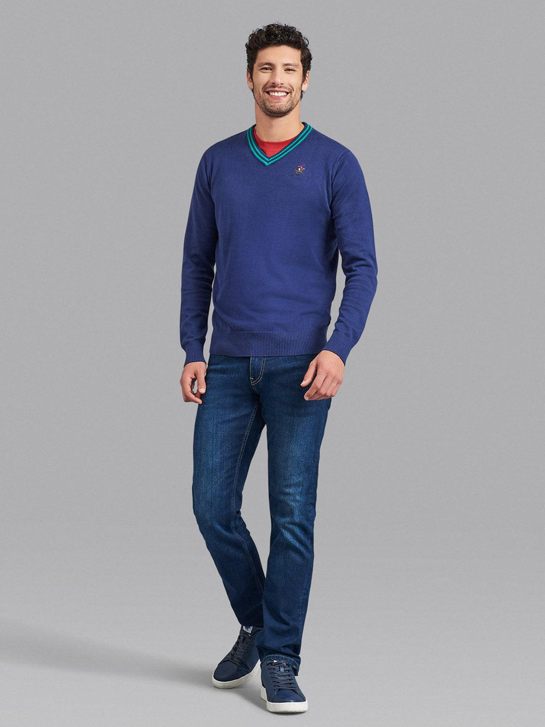 Beverly Hills Polo Club UK-ESSENTIAL TIPPED V-NECK COTTON KNIT SWEAT TRUE NAVY