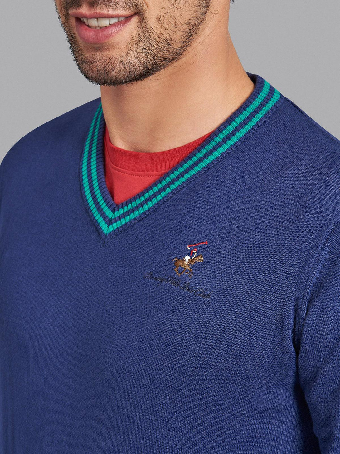 Beverly Hills Polo Club UK-ESSENTIAL TIPPED V-NECK COTTON KNIT SWEAT TRUE NAVY