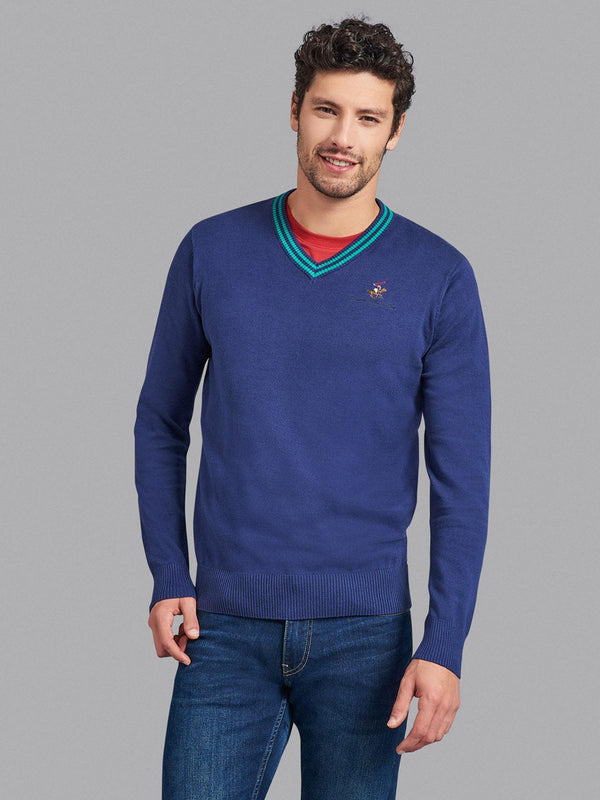 Beverly Hills Polo Club UK-ESSENTIAL TIPPED V-NECK COTTON KNIT SWEAT TRUE NAVY