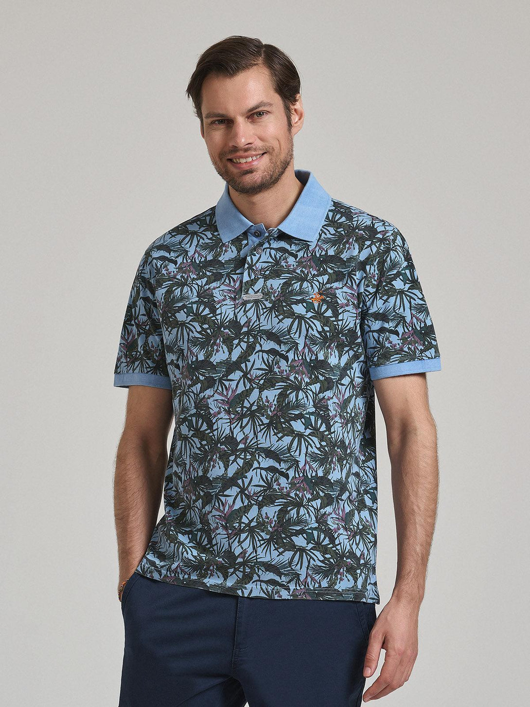 Beverly Hills Polo Club UK-FLORAL PRINT POLO SHIRT BLUE SKY