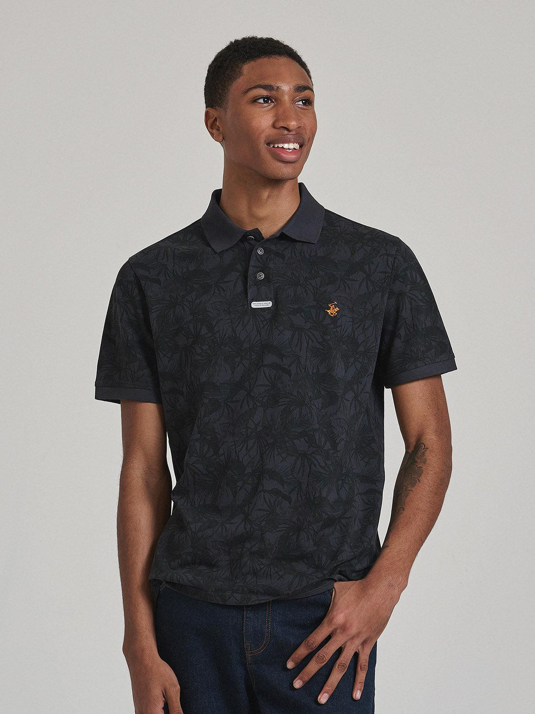 Beverly Hills Polo Club UK-FLORAL PRINT POLO SHIRT NAVY