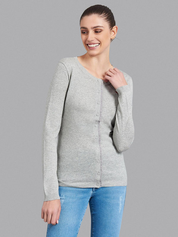 Beverly Hills Polo Club UK-FRILLED BUTTON PLACKET ESSENTIAL LOGO CARDIGAN HEATHER GREY