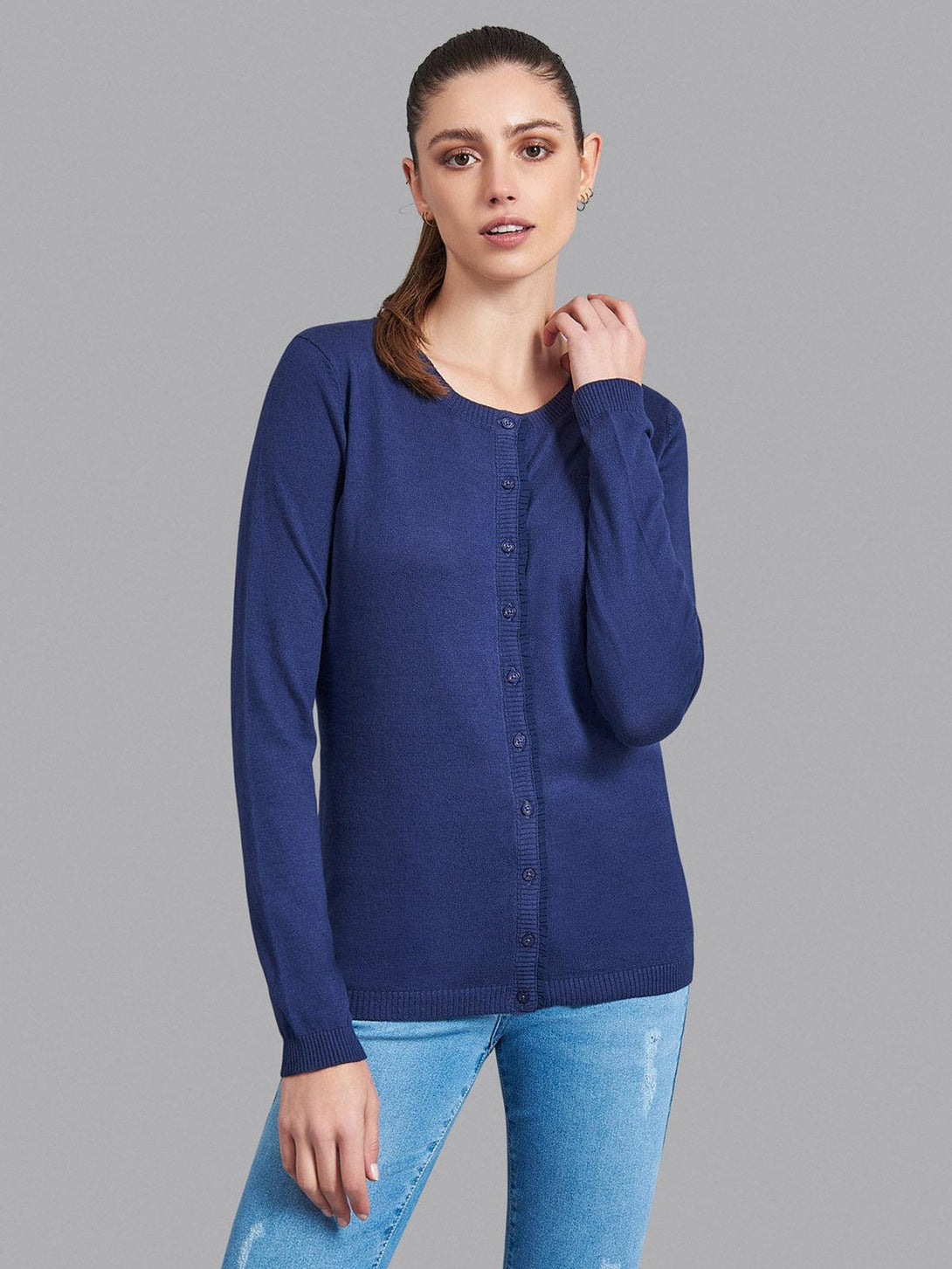 Beverly Hills Polo Club UK-FRILLED BUTTON PLACKET ESSENTIAL LOGO CARDIGAN TRUE NAVY