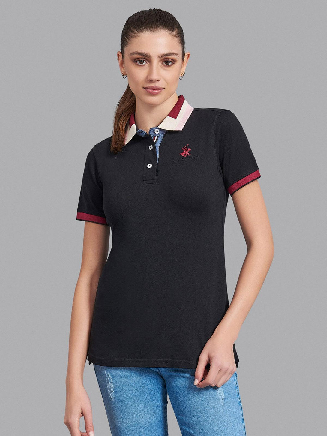 Beverly Hills Polo Club UK-GEOMETRIC COLLAR POLO SHIRT BLACK