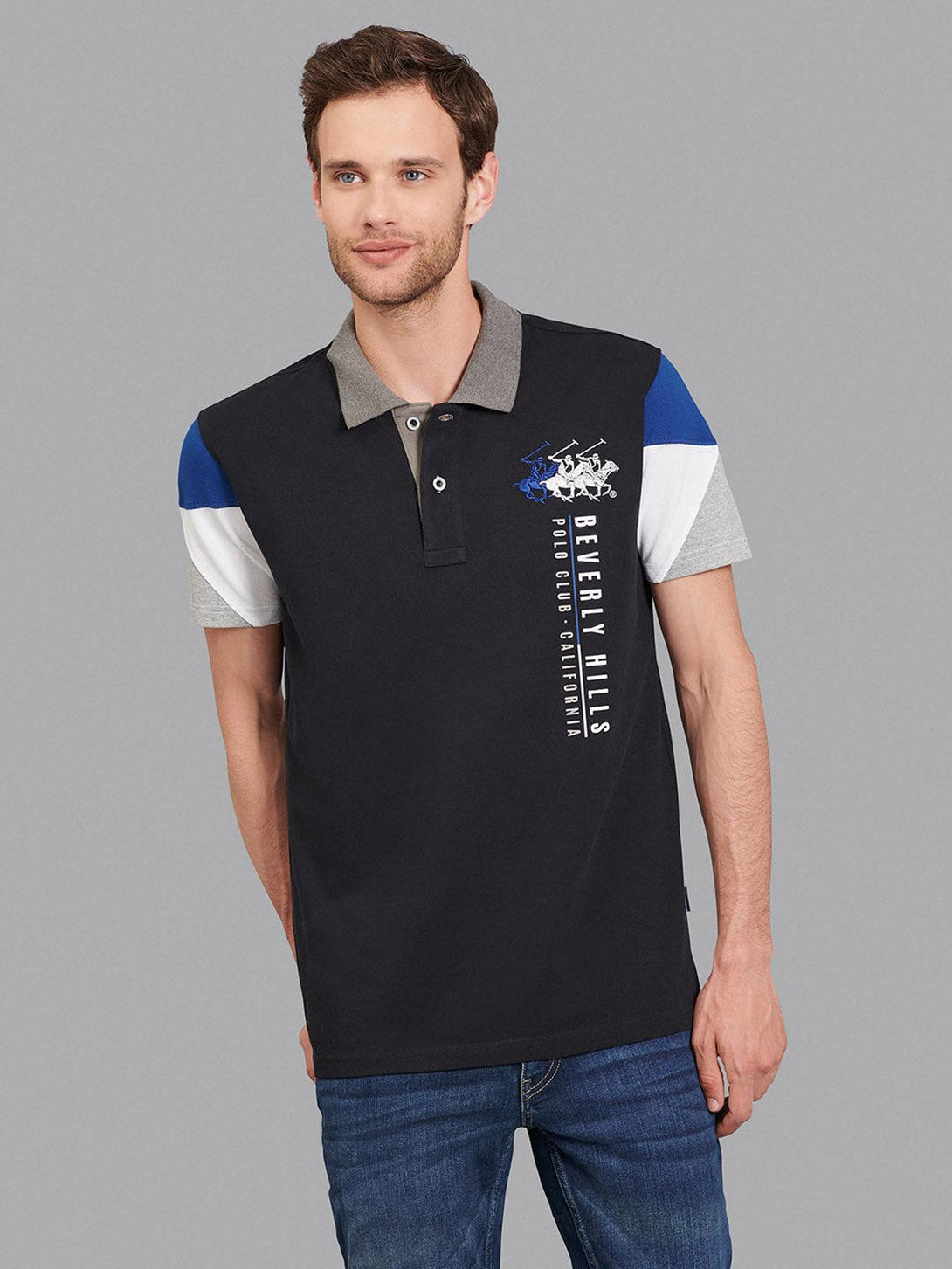 Beverly Hills Polo Club UK-GEOMETRIC TEAM CONTRAST TRIPLE LOGO POLO SHIRT BLACK