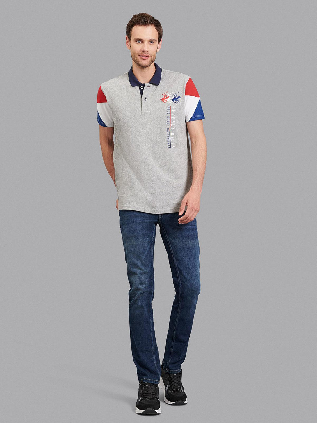 Beverly Hills Polo Club UK-GEOMETRIC TEAM CONTRAST TRIPLE LOGO POLO SHIRT HEATHER GREY