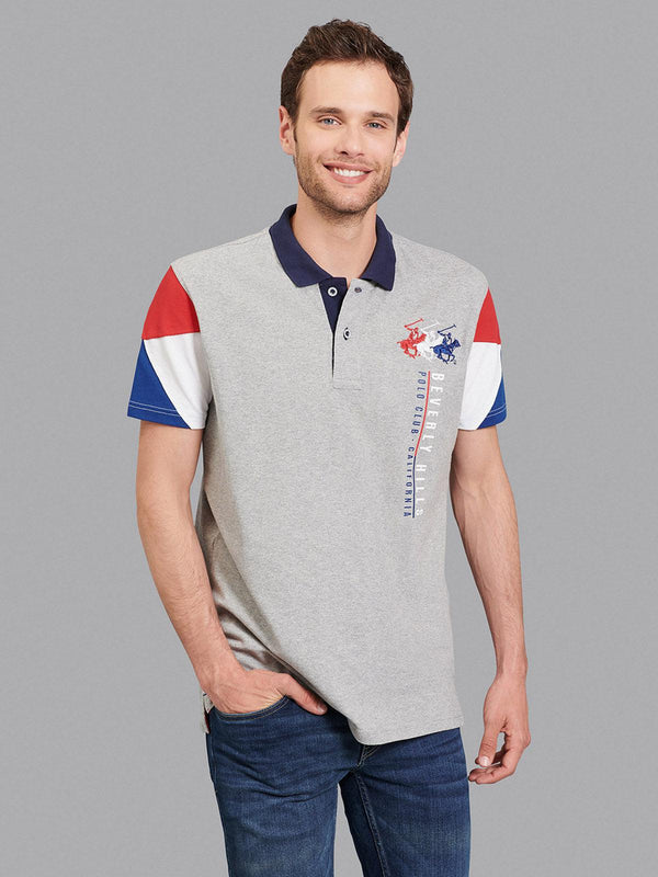 Beverly Hills Polo Club UK-GEOMETRIC TEAM CONTRAST TRIPLE LOGO POLO SHIRT HEATHER GREY