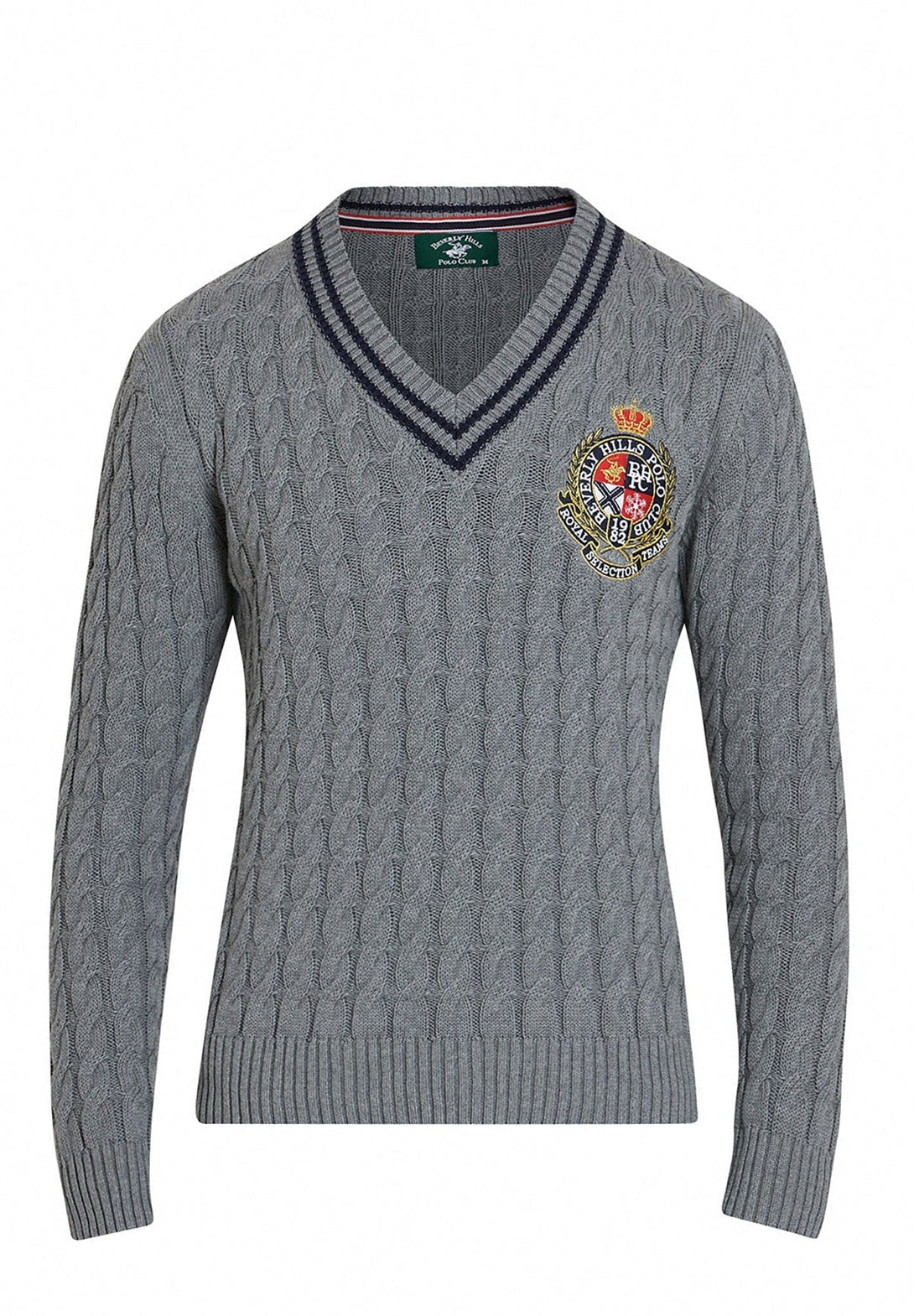 Beverly Hills Polo Club UK-HERALDIC CREST CABLE-KNIT V-NECK SWEATER HEATHER GREY