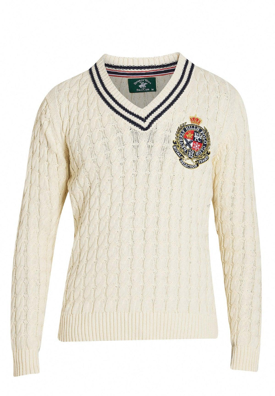 Beverly Hills Polo Club UK-HERALDIC CREST CABLE-KNIT V-NECK SWEATER OFF WHITE