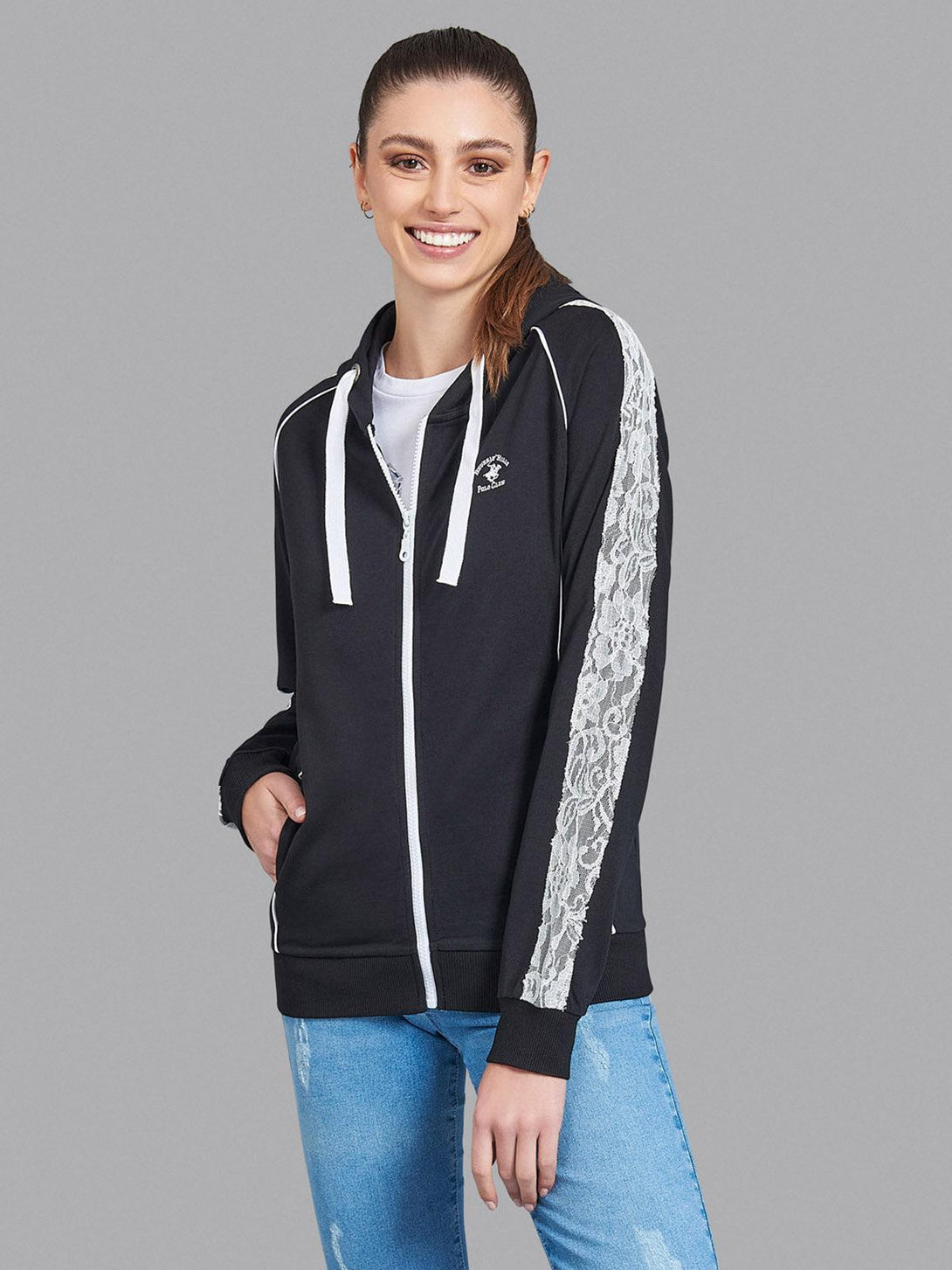 Beverly Hills Polo Club UK-LACE SLEEVE ZIP HOODIE BLACK