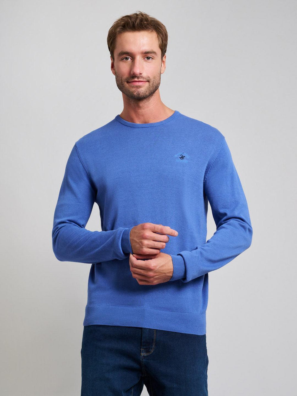 MODERN SLIM FIT CREWNECK COTTON KNIT MARINE BLUE – BEVERLY HILLS