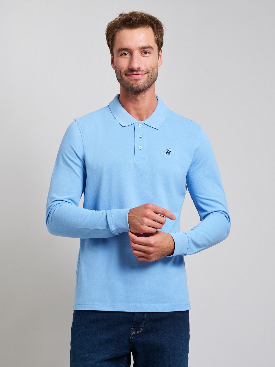 beverly hills polo club MODERN SLIM FIT LONG SLEEVED POLO SHIRT BREEZE BLUE