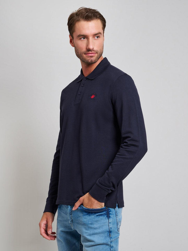 Beverly Hills Polo Club UK-MODERN SLIM FIT LONG SLEEVED POLO SHIRT DARK NAVY