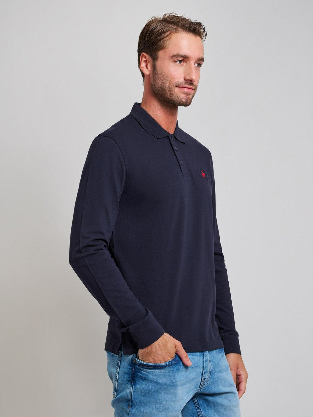 MODERN SLIM FIT LONG SLEEVED POLO SHIRT DARK NAVY – BEVERLY HILLS