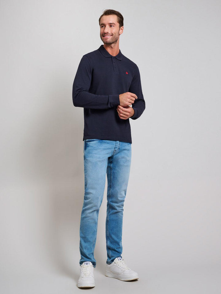 Beverly Hills Polo Club UK-MODERN SLIM FIT LONG SLEEVED POLO SHIRT DARK NAVY