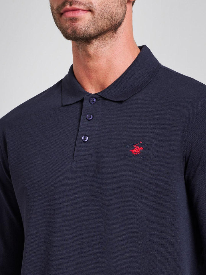 Beverly Hills Polo Club UK-MODERN SLIM FIT LONG SLEEVED POLO SHIRT DARK NAVY