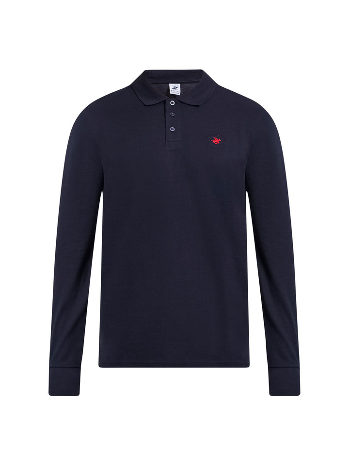 Beverly Hills Polo Club UK-MODERN SLIM FIT LONG SLEEVED POLO SHIRT DARK NAVY