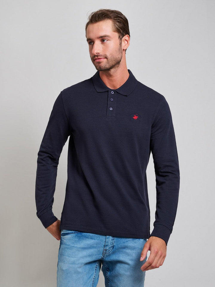 Beverly Hills Polo Club UK-MODERN SLIM FIT LONG SLEEVED POLO SHIRT DARK NAVY