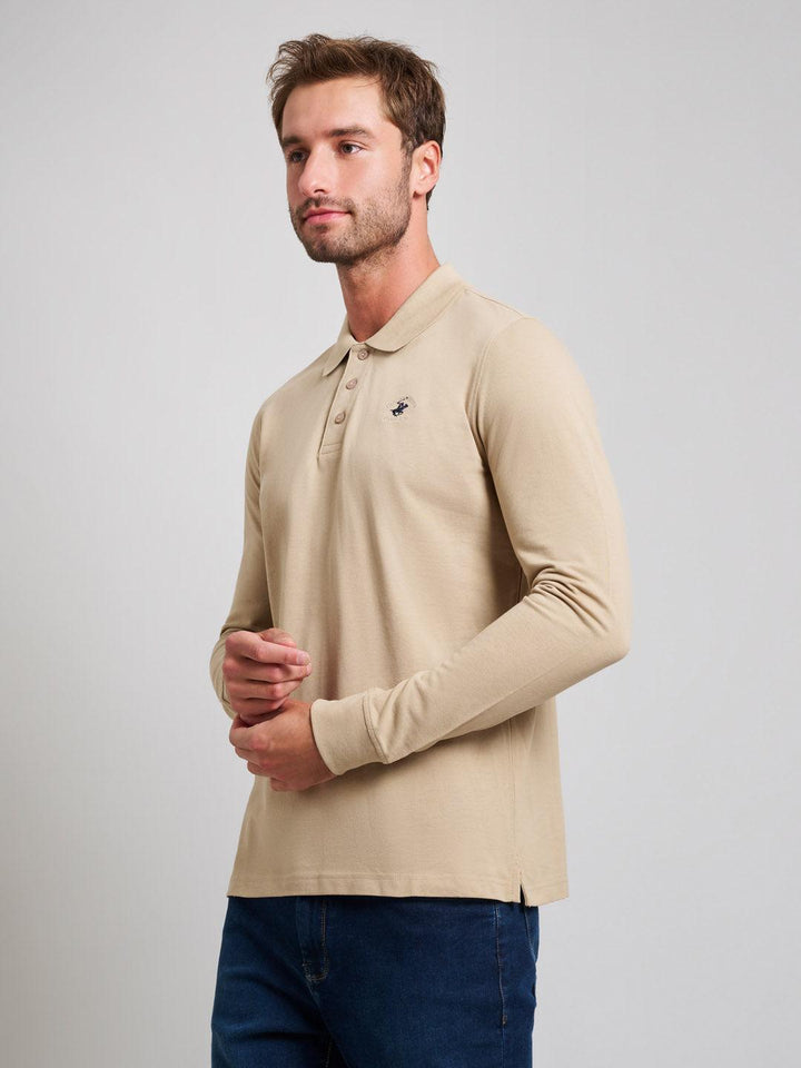 Beverly Hills Polo Club UK-MODERN SLIM FIT LONG SLEEVED POLO SHIRT DESERT SAND